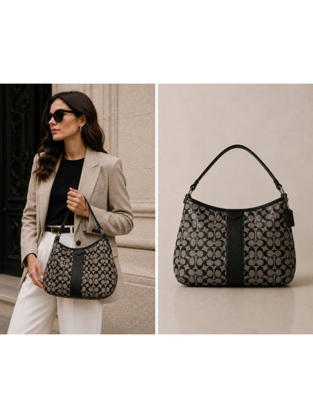 Coach F29941 Signature Stripe Hobo Shoulder Bag Black Khaki Jacquard Leather